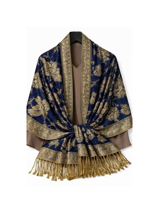 Flower Barn Accessories - Blue Gold Paisley Jacquard Scarf Shawl Fringe Boho Wrap Women 72x28
